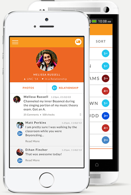 Bevii mobile app screens showing a user profile, proximity-ranked relationships, photos, and posts