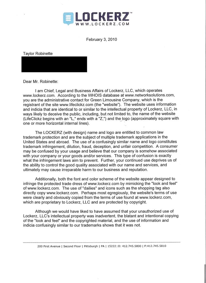 The original February 3, 2010 cease and desist letter from Lockerz, with Taylor's address redacted
