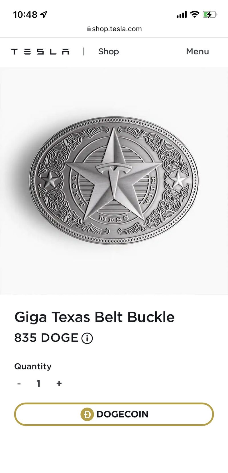shop.tesla.com product page for the Giga Texas Belt Buckle priced at 835 DOGE with a Dogecoin checkout button
