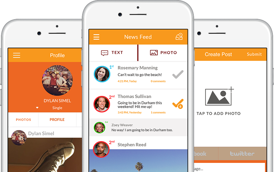 Three Friendli app screens showing a profile, a proximity-ranked news feed, and photo post creation