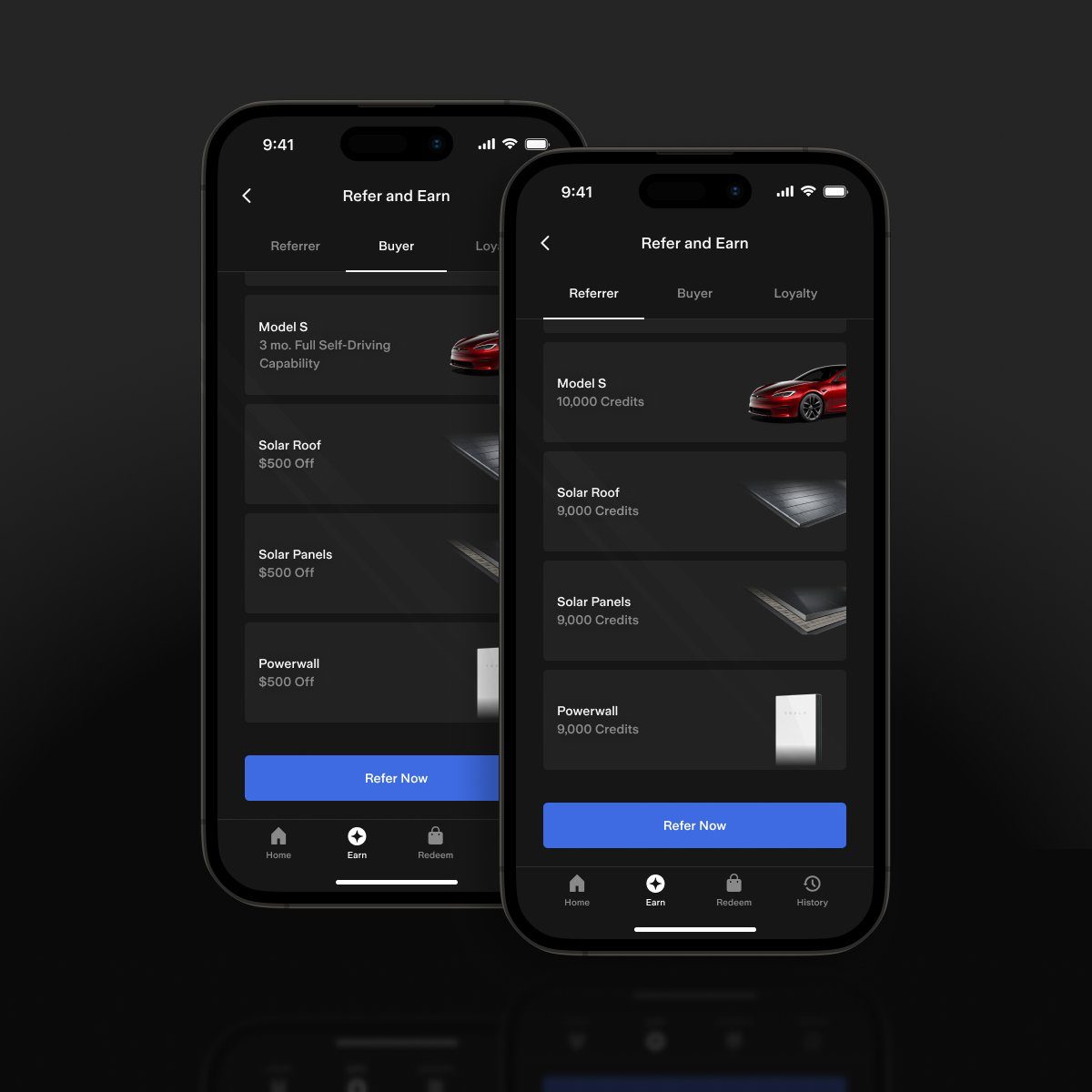 Two phones showing the Tesla app Refer and Earn screens with award credits